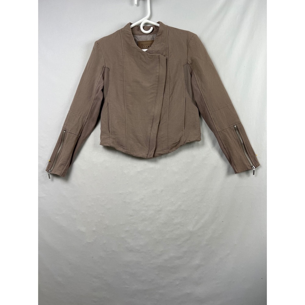 BLANKNYC Moto Jacket Women Small Taupe Brown Asymmetric Zip Ribbed Knit Cropped